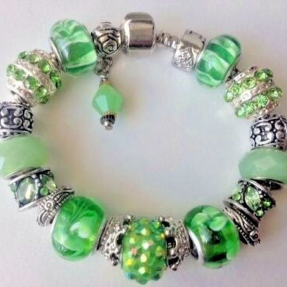 European Style Charm Bracelet with Murano Glass Beads, Barrel Clasp,7"+Stopper